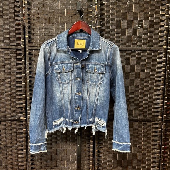 PAIGE Jackets & Blazers - Paige Womens Blue Denim Distressed Trucker Jacket Size Small